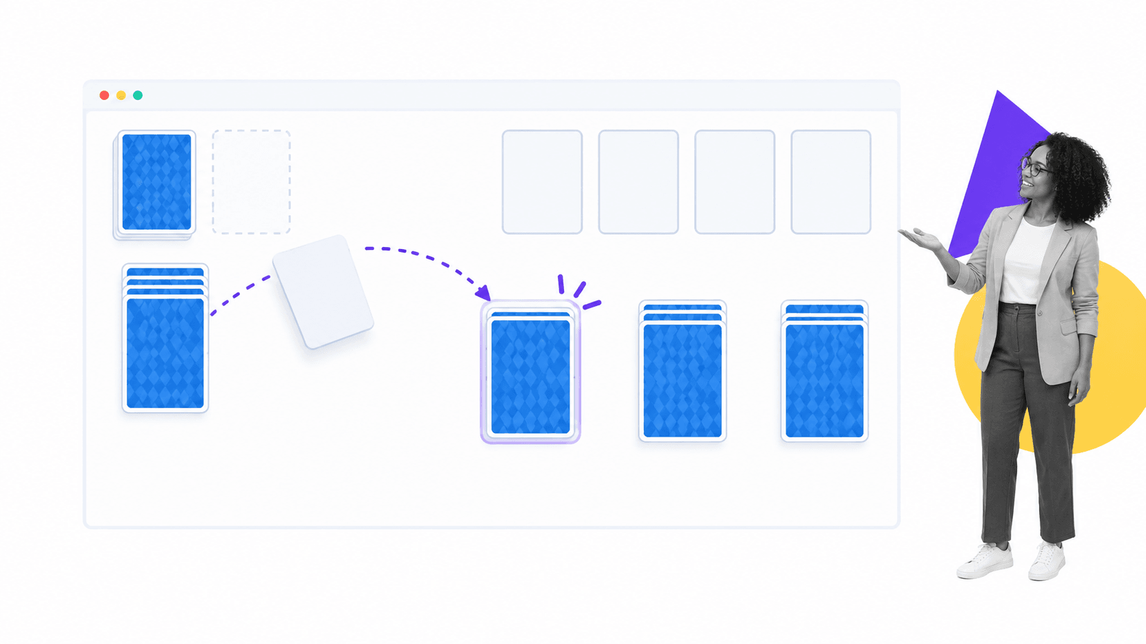 Learner moving a card between stacks to practice drag-and-drop interaction