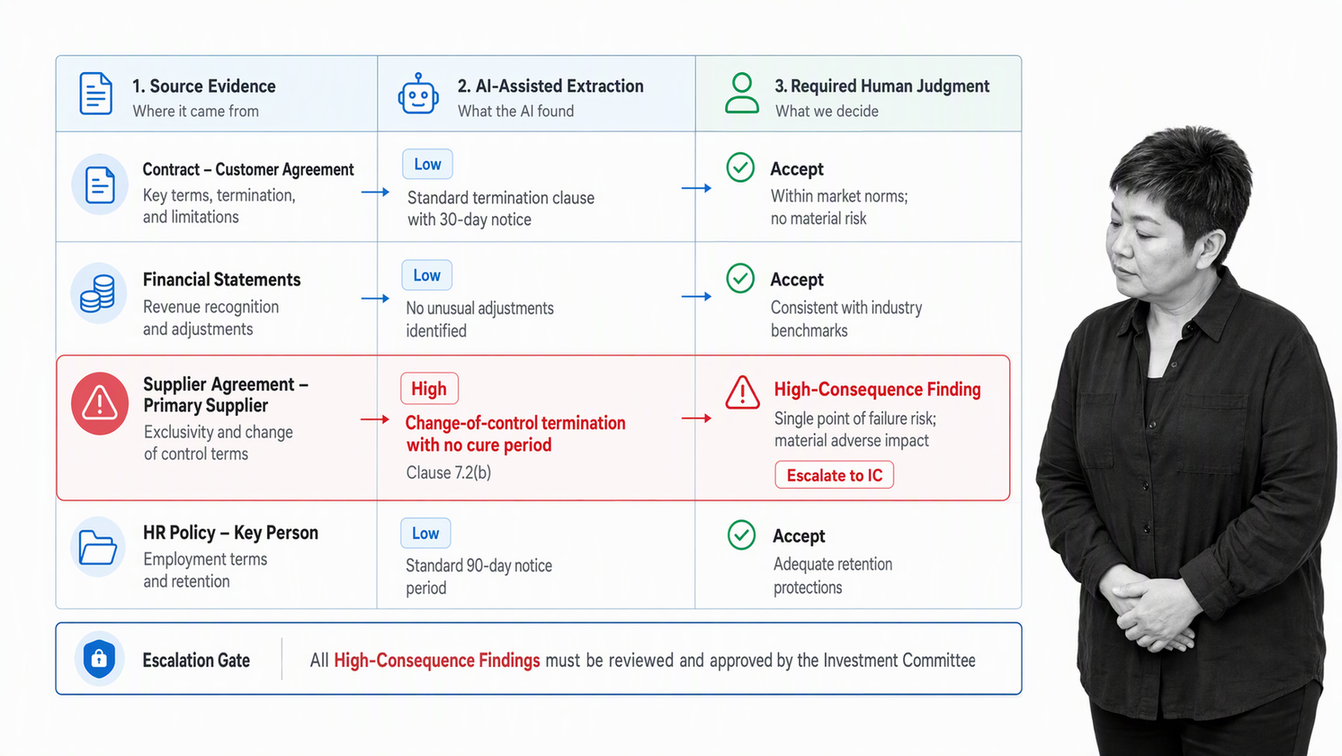 AI-assisted venture diligence control matrix with source evidence, human review, and escalation