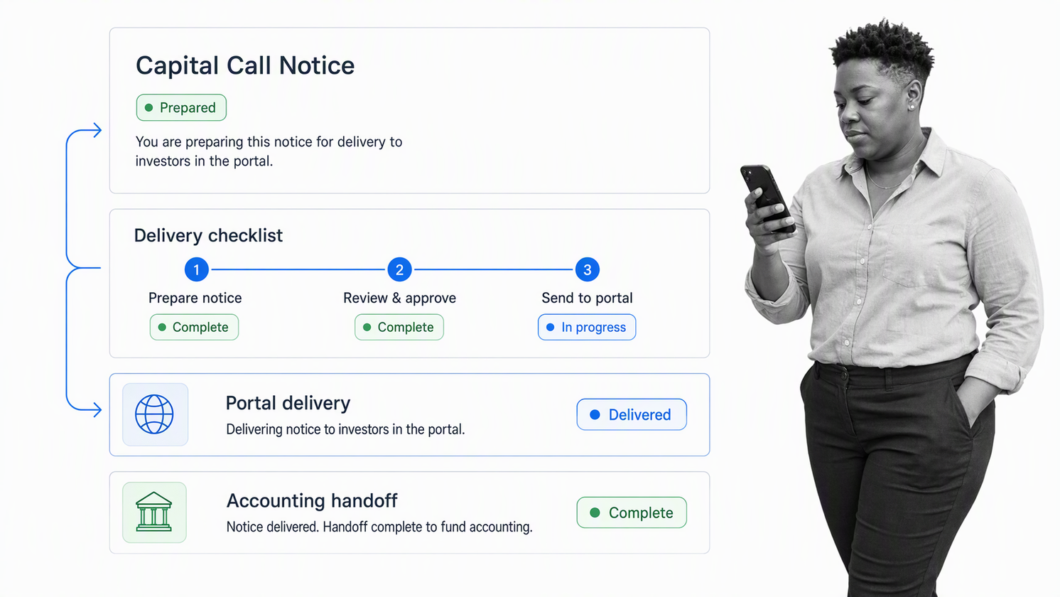 Juniper Square investor services workspace showing notice review and portal delivery status