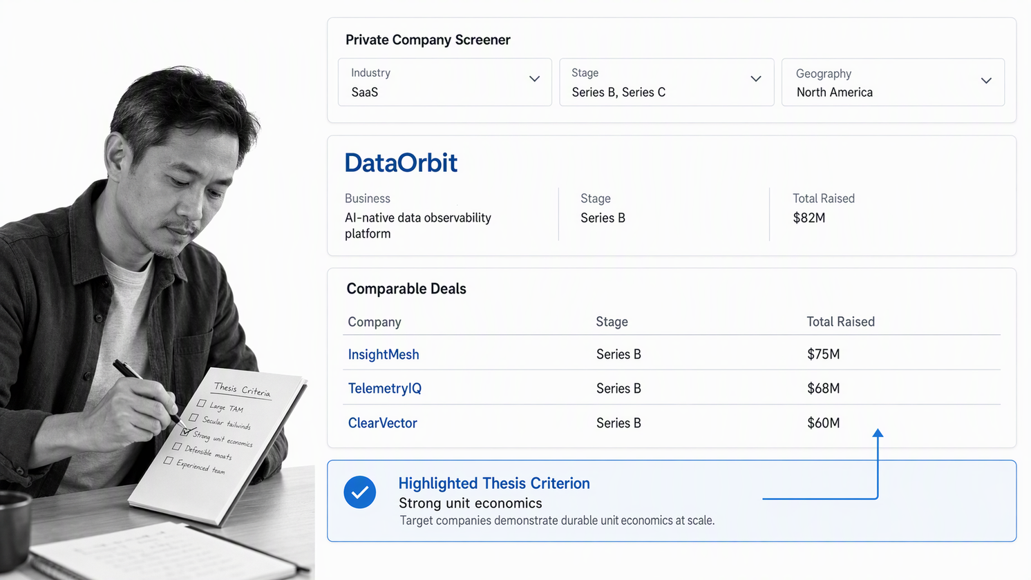PitchBook private market research workspace with company screening and comparable deals