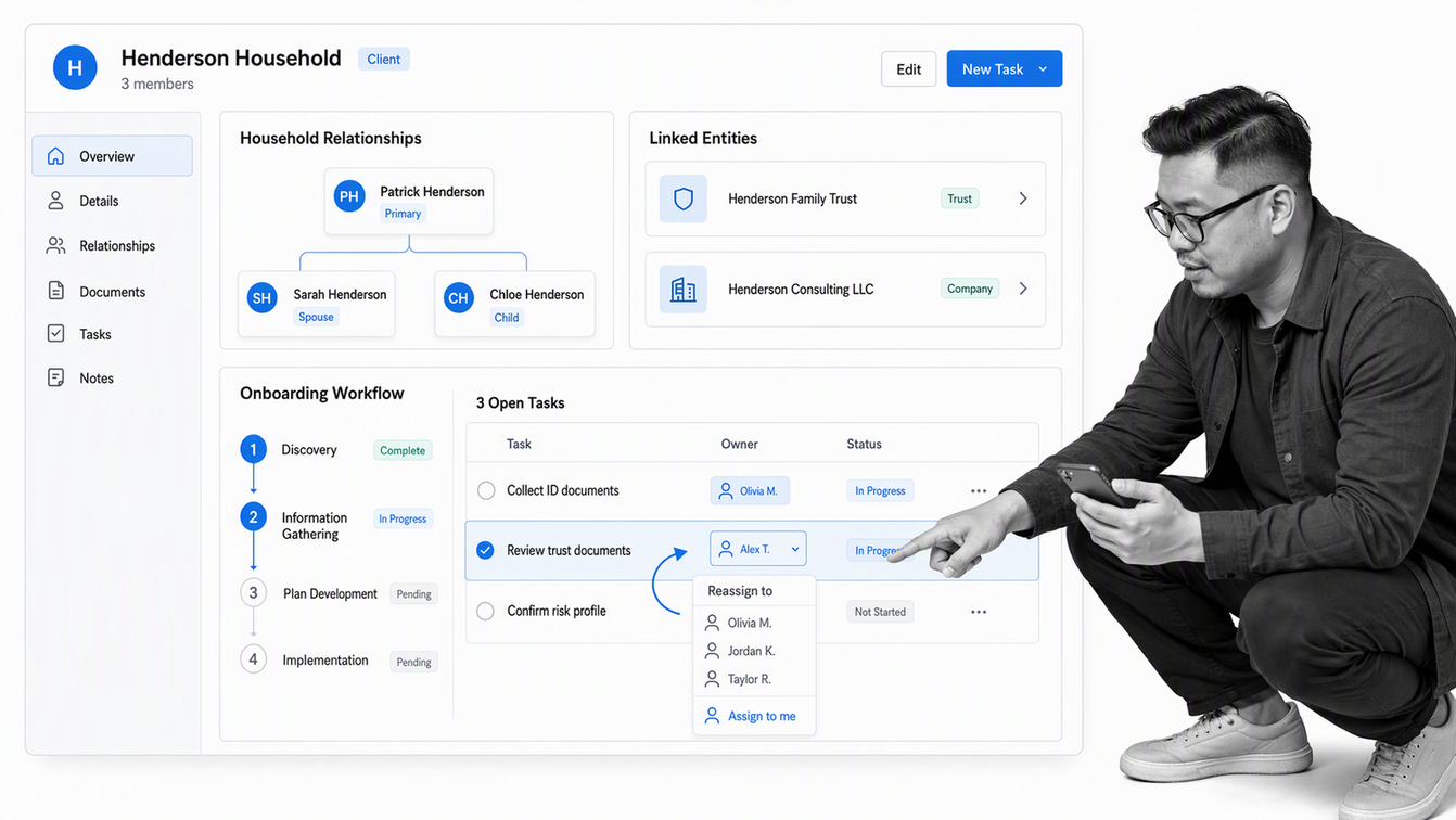 Wealthbox household CRM record with relationships, activity, tasks, and onboarding workflow