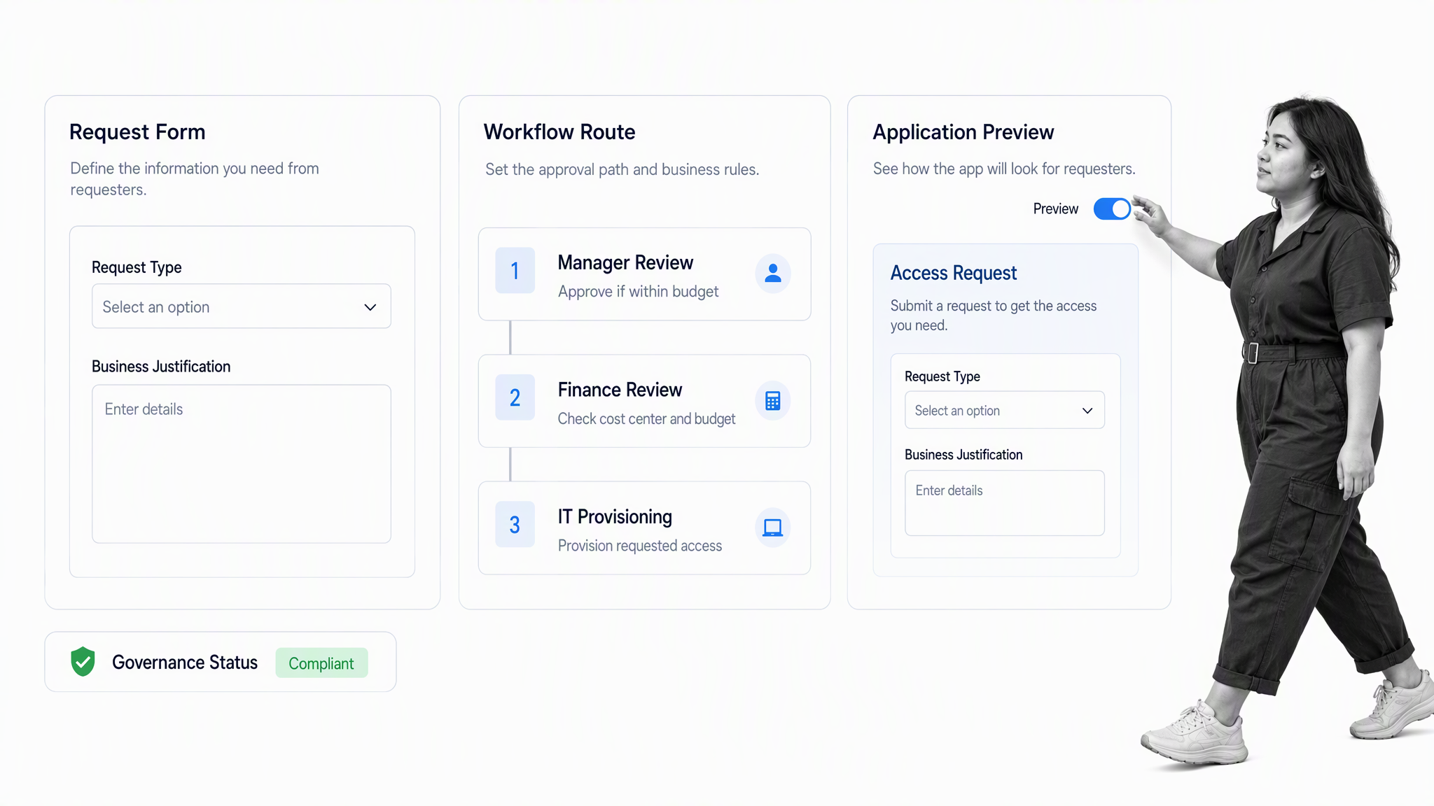 Kissflow low-code application builder with a request form, workflow route, rules, and governance status