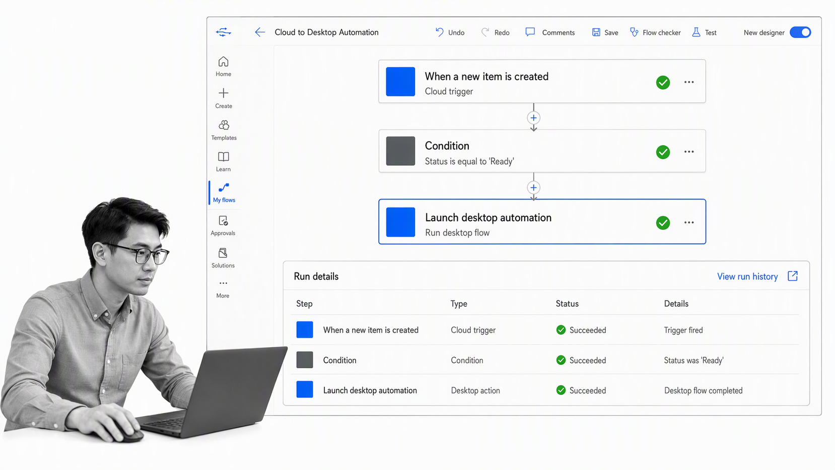 Microsoft Power Automate flow linking a cloud trigger, decision, and desktop automation action