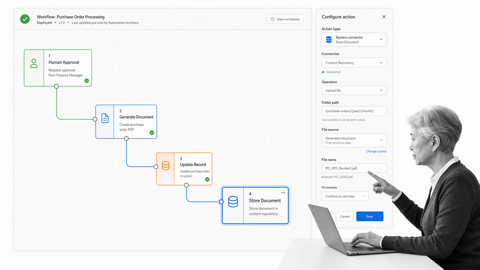 Nintex orchestration canvas connecting approval, document, and system steps