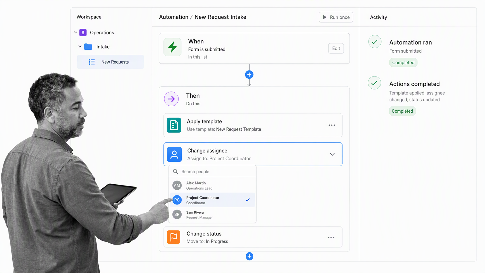 ClickUp automation builder assigning a form request, applying a template, and recording activity