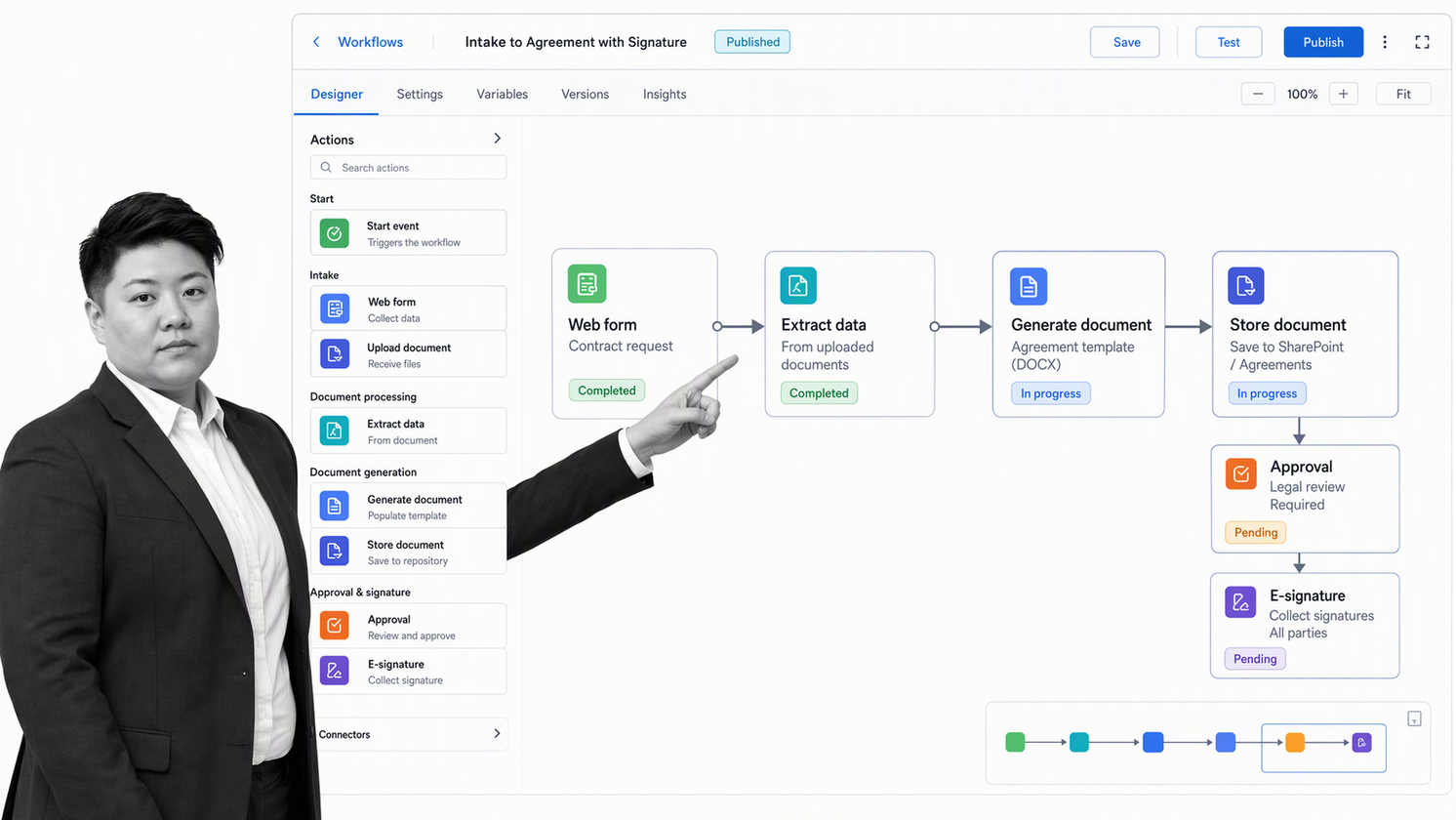 Nintex workflow designer connecting intake, document processing, generation, and signature approval