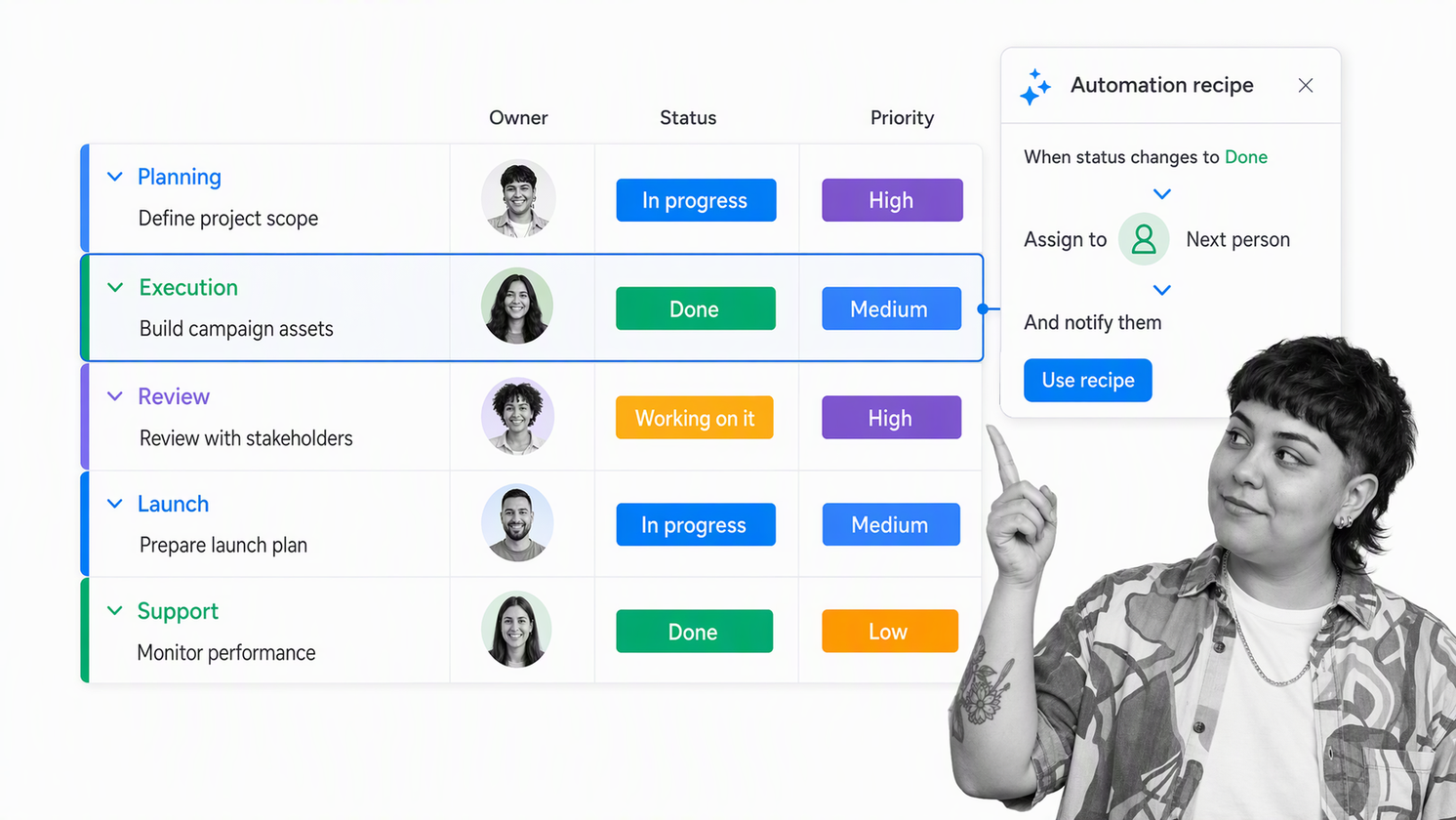 Team coordinator configuring an automated assignment handoff in monday work management